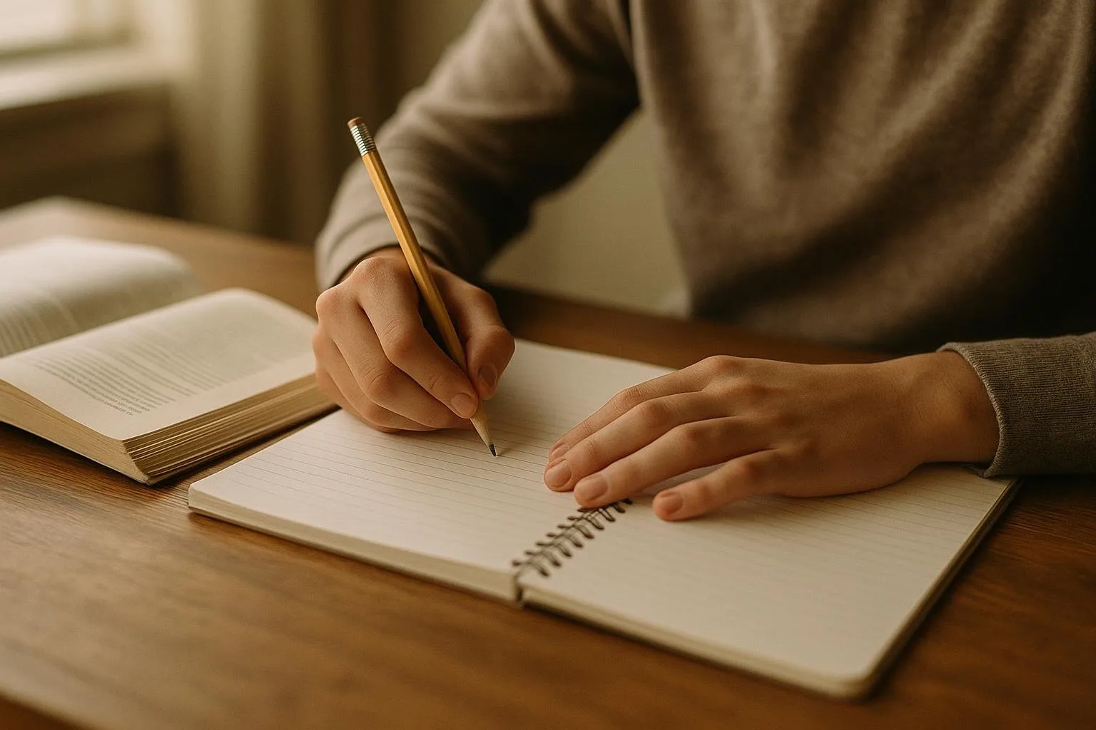 A student's hands and notebook while studying