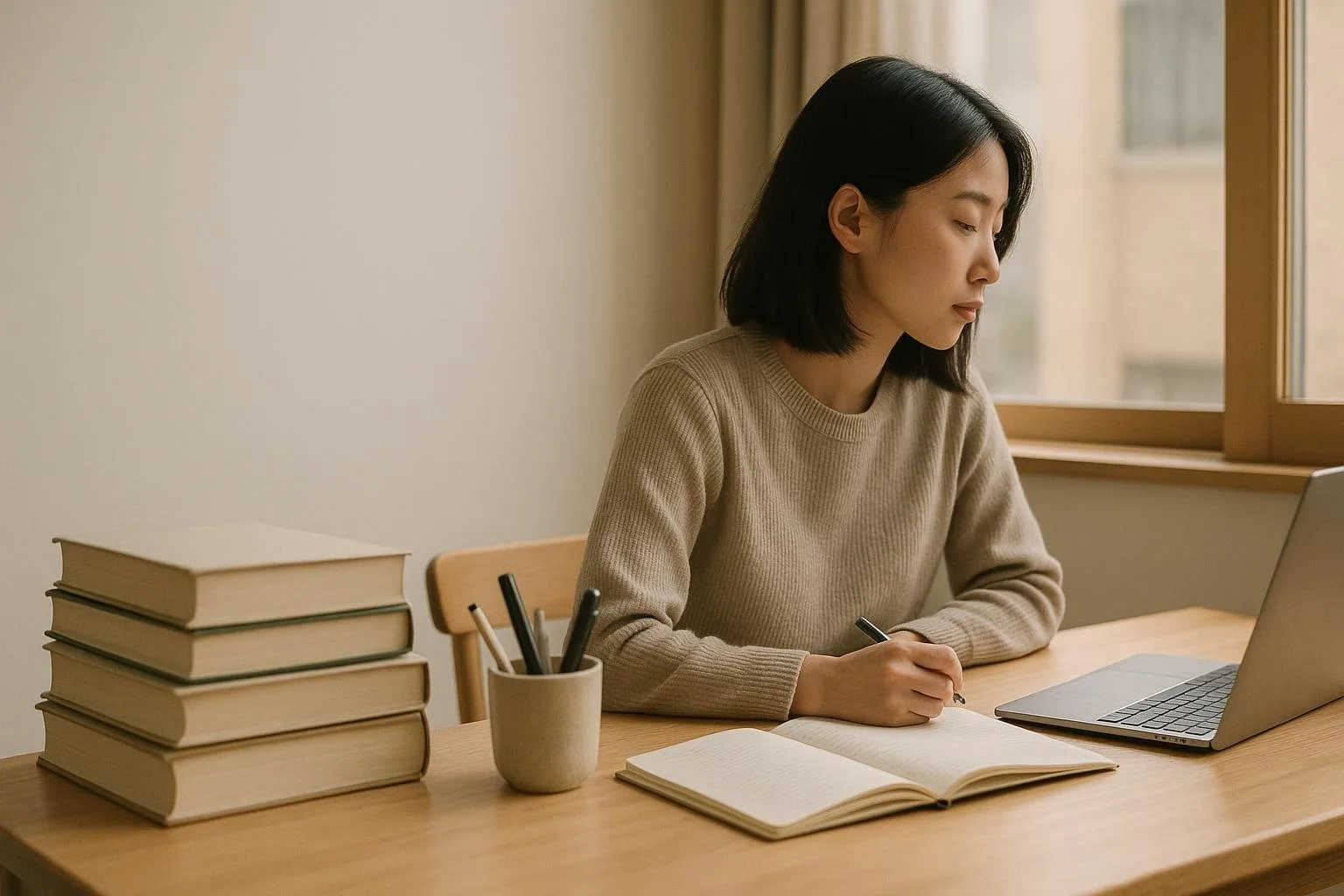 A bright study space with books and notebooks